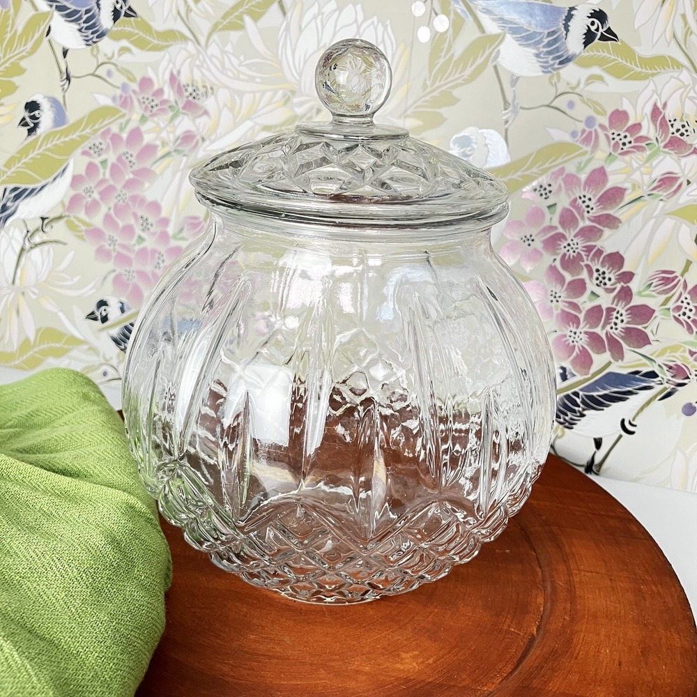 Vintage HJG Pressed Glass Candy Jar‎ Lid Diamond Cut Rose Base Art Deco MCM